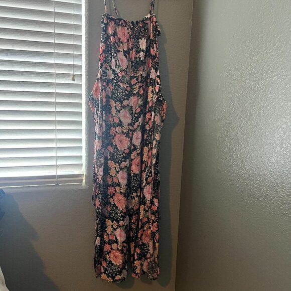Source Unknown Pants - Floral Print Wide-Leg Jumpsuit with Side Slits - Size Medium